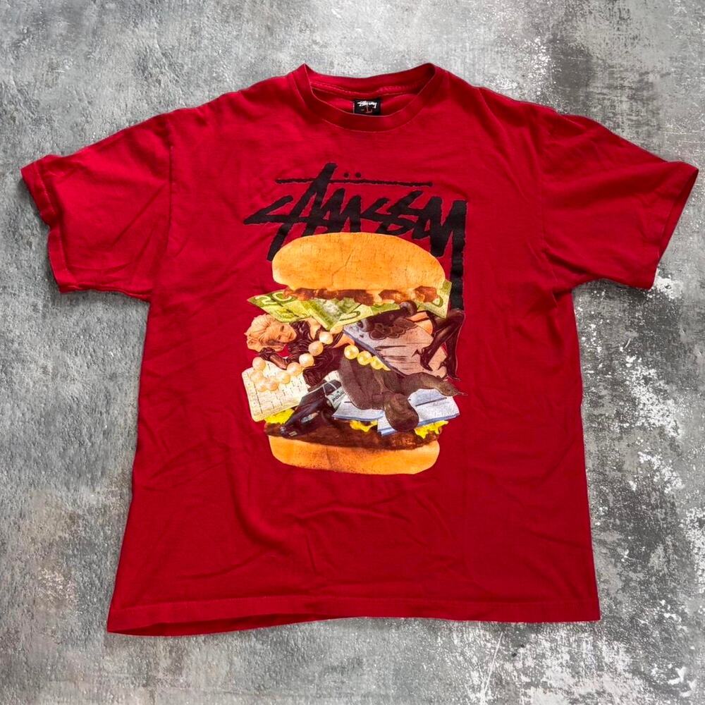 Vintage Y2K Stussy Burger T Shirt. Size Large Red Streetwear